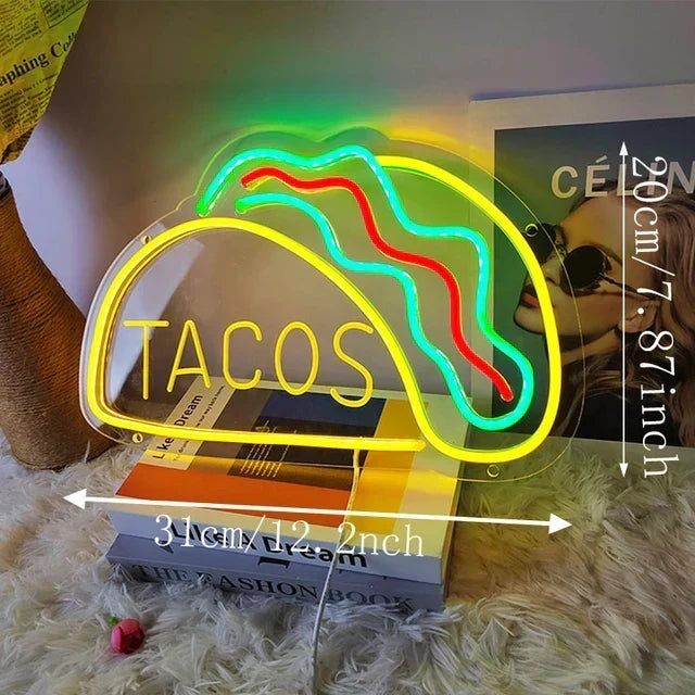 Neon Fastfood Skilt – Lysende Tacos Design, LED Natlys til Restauranter og Køkkener |