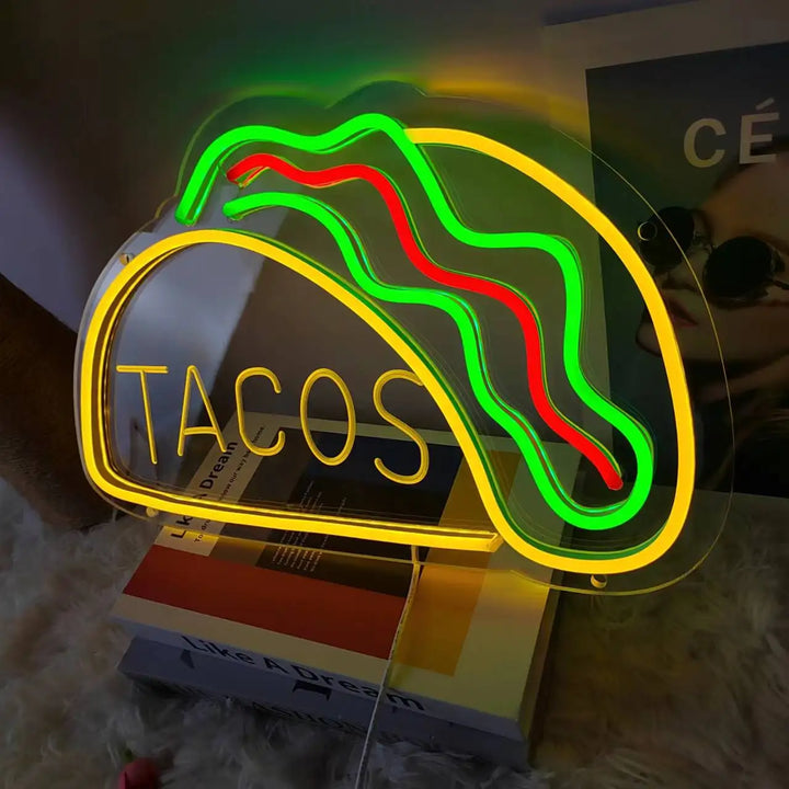 Neon Fastfood Skilt – Lysende Tacos Design, LED Natlys til Restauranter og Køkkener |
