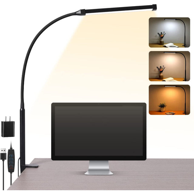 LED Skrivebordslampe med lampe, øjenvenlige Clip-On Lygter til Hjemmekontoret, 3 Tilstande 10 Lysstyrkeniveauer, lang fleksibel Gåsehaler, Metal, Svingarm Arkitekt Opgavelamper med USB Adapter, Hvid