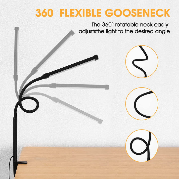 LED Skrivebordslampe med lampe, øjenvenlige Clip-On Lygter til Hjemmekontoret, 3 Tilstande 10 Lysstyrkeniveauer, lang fleksibel Gåsehaler, Metal, Svingarm Arkitekt Opgavelamper med USB Adapter, Hvid