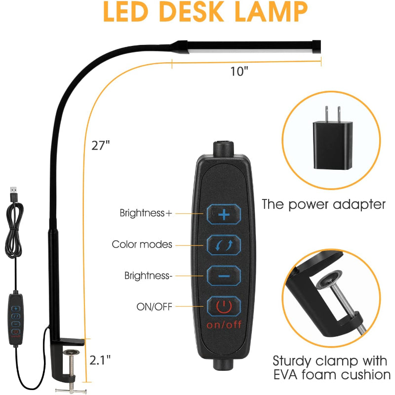 LED Skrivebordslampe med lampe, øjenvenlige Clip-On Lygter til Hjemmekontoret, 3 Tilstande 10 Lysstyrkeniveauer, lang fleksibel Gåsehaler, Metal, Svingarm Arkitekt Opgavelamper med USB Adapter, Hvid