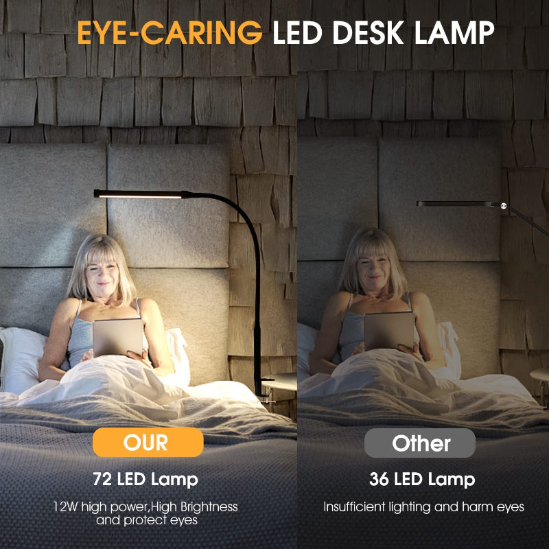 LED Skrivebordslampe med lampe, øjenvenlige Clip-On Lygter til Hjemmekontoret, 3 Tilstande 10 Lysstyrkeniveauer, lang fleksibel Gåsehaler, Metal, Svingarm Arkitekt Opgavelamper med USB Adapter, Hvid