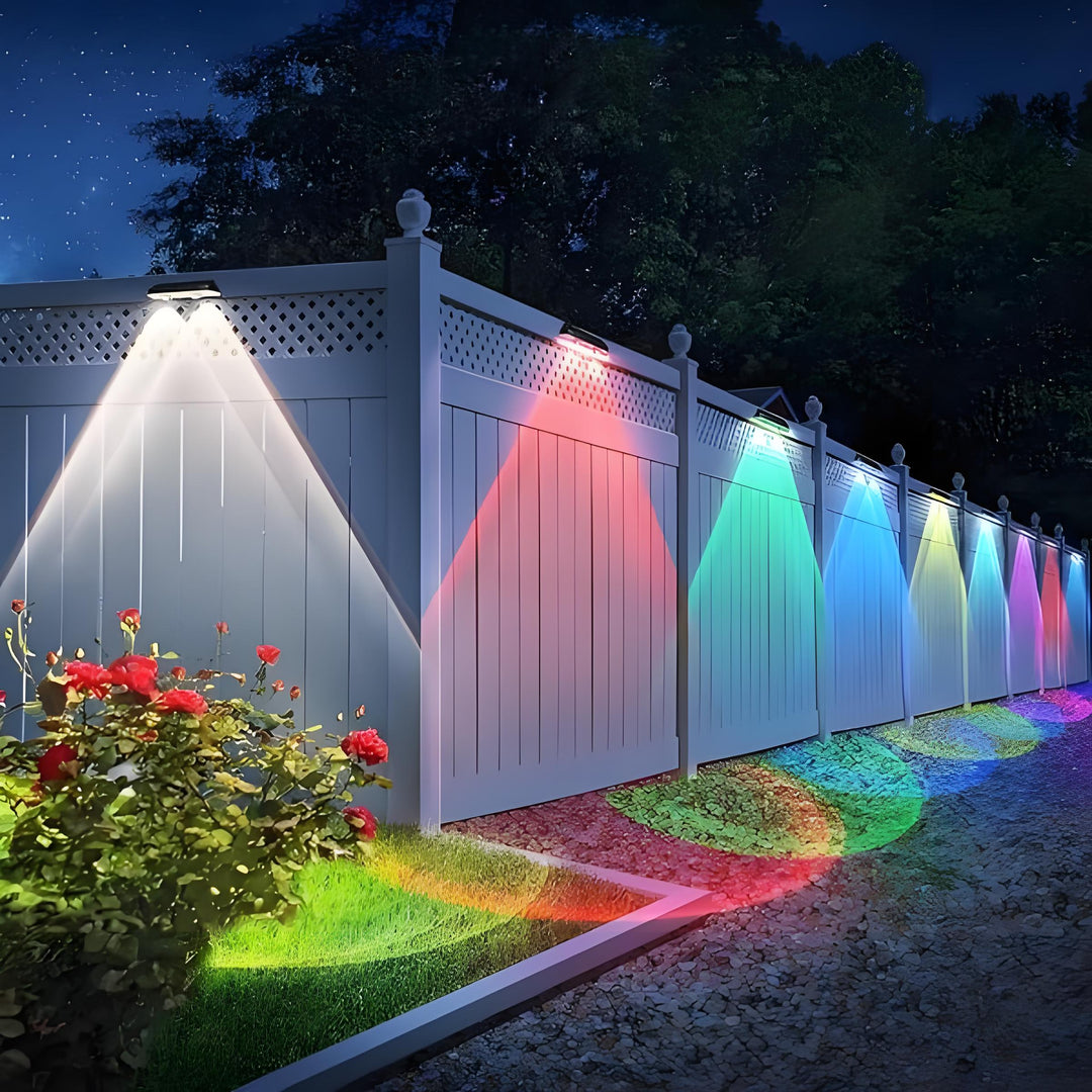 Solhegn lys udendørs varm hvid &amp; RGB skiftende sol dæk lys, LED sollys til udendørs væg rækværk terrasse trapper trin have baghave