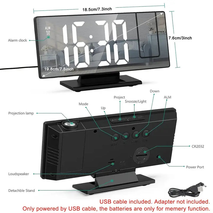 180° Justerbar LED Projektions Vækkeur – Snooze, 12/24T Tid &amp; Temperatur Display, Spejl Design – USB Drevet, Nattelys &amp; Hukommelsesfunktion