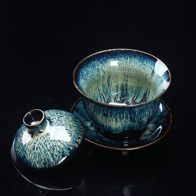 Vintage Keramisk Gaiwan Sancai Te Kop Te Kop og Underkop med Låg