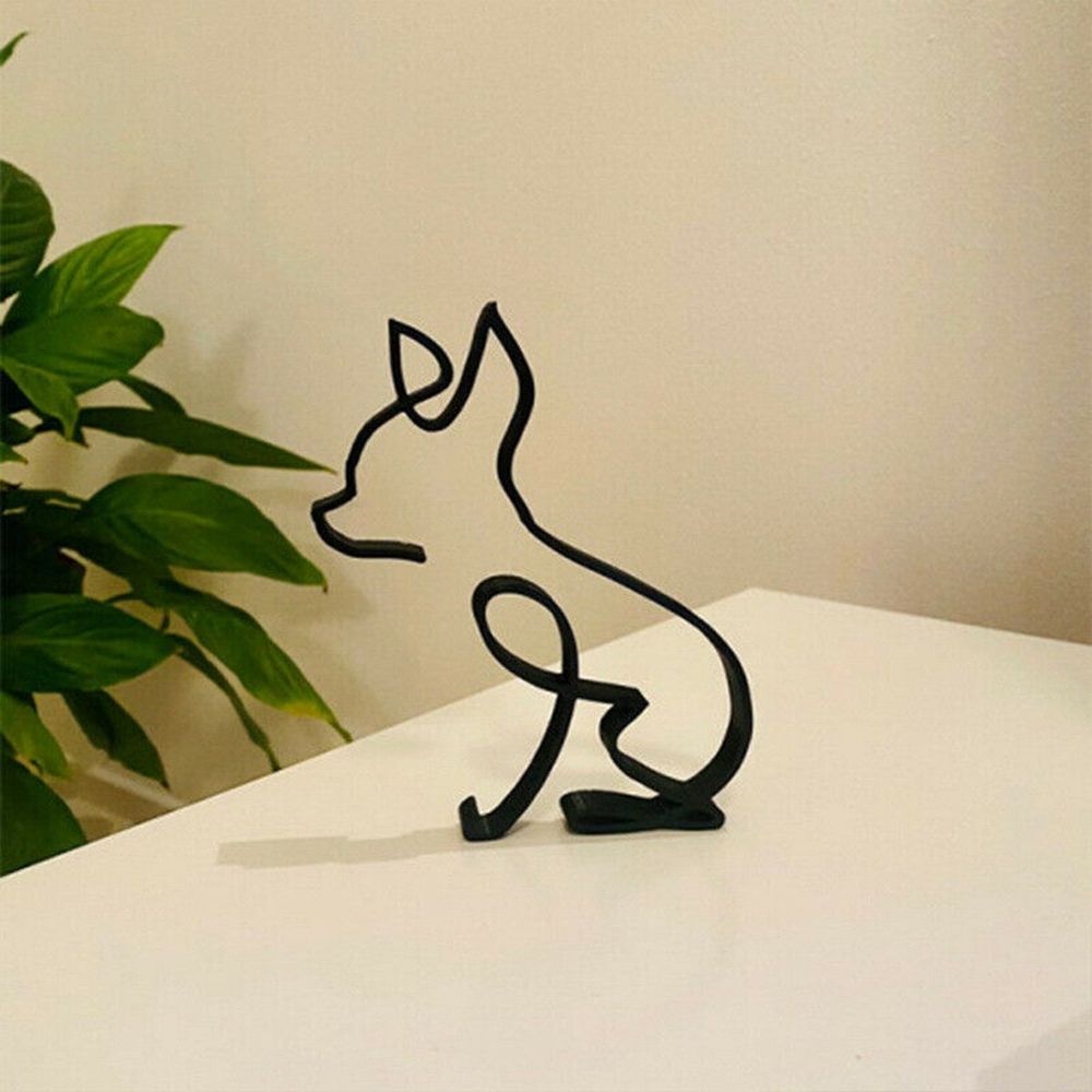 Tier Kunst Jern Skulptur Retro Metal Sorte Linjer Kat Hund Skrivebords Ornament
