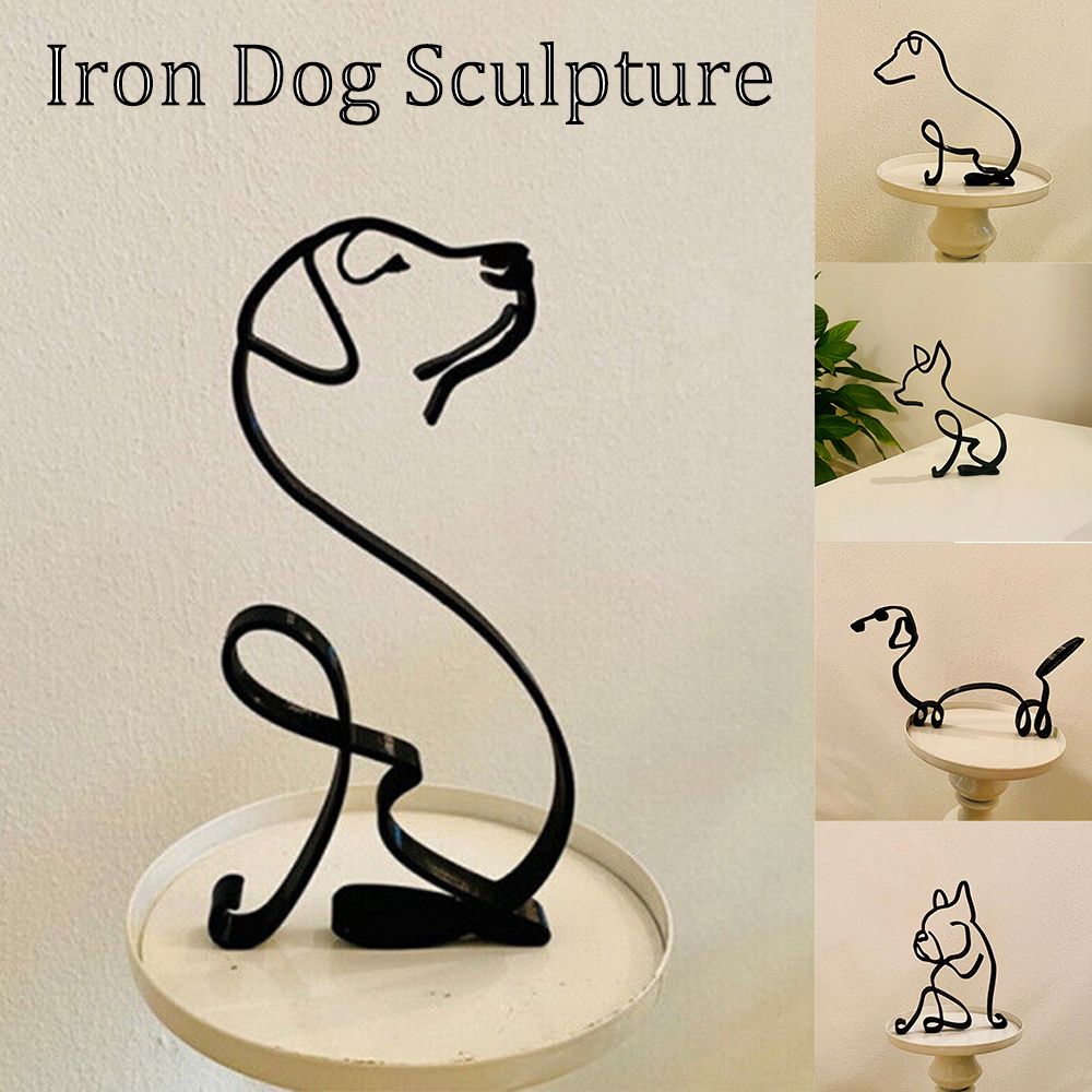 Tier Kunst Jern Skulptur Retro Metal Sorte Linjer Kat Hund Skrivebords Ornament