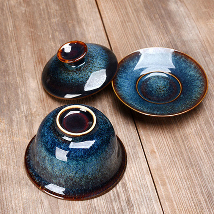 Vintage Keramisk Gaiwan Sancai Te Kop Te Kop og Underkop med Låg