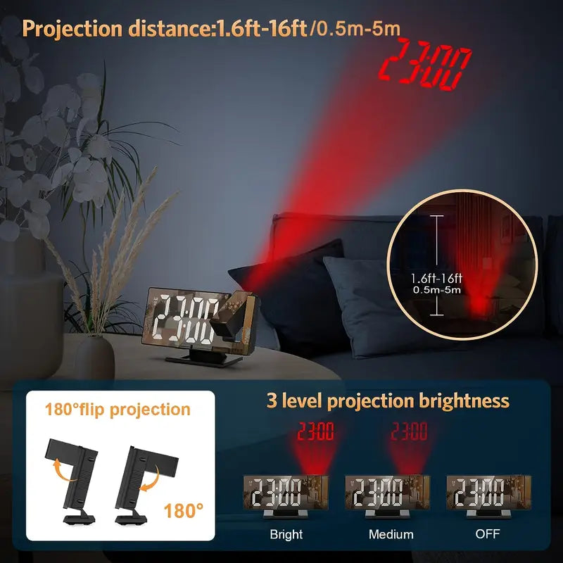 180° Justerbar LED Projektions Vækkeur – Snooze, 12/24T Tid &amp; Temperatur Display, Spejl Design – USB Drevet, Nattelys &amp; Hukommelsesfunktion