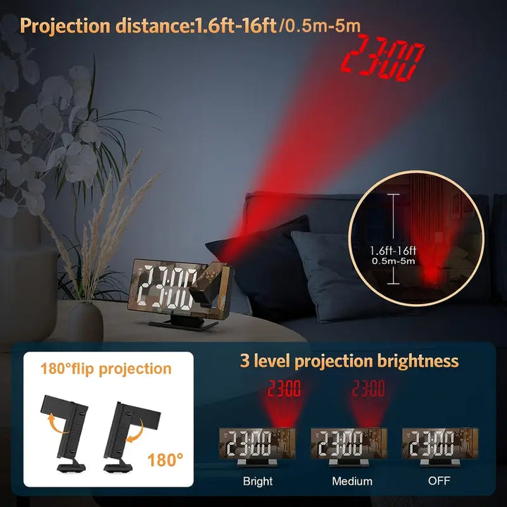 180° Justerbar LED Projektions Vækkeur – Snooze, 12/24T Tid &amp; Temperatur Display, Spejl Design – USB Drevet, Nattelys &amp; Hukommelsesfunktion