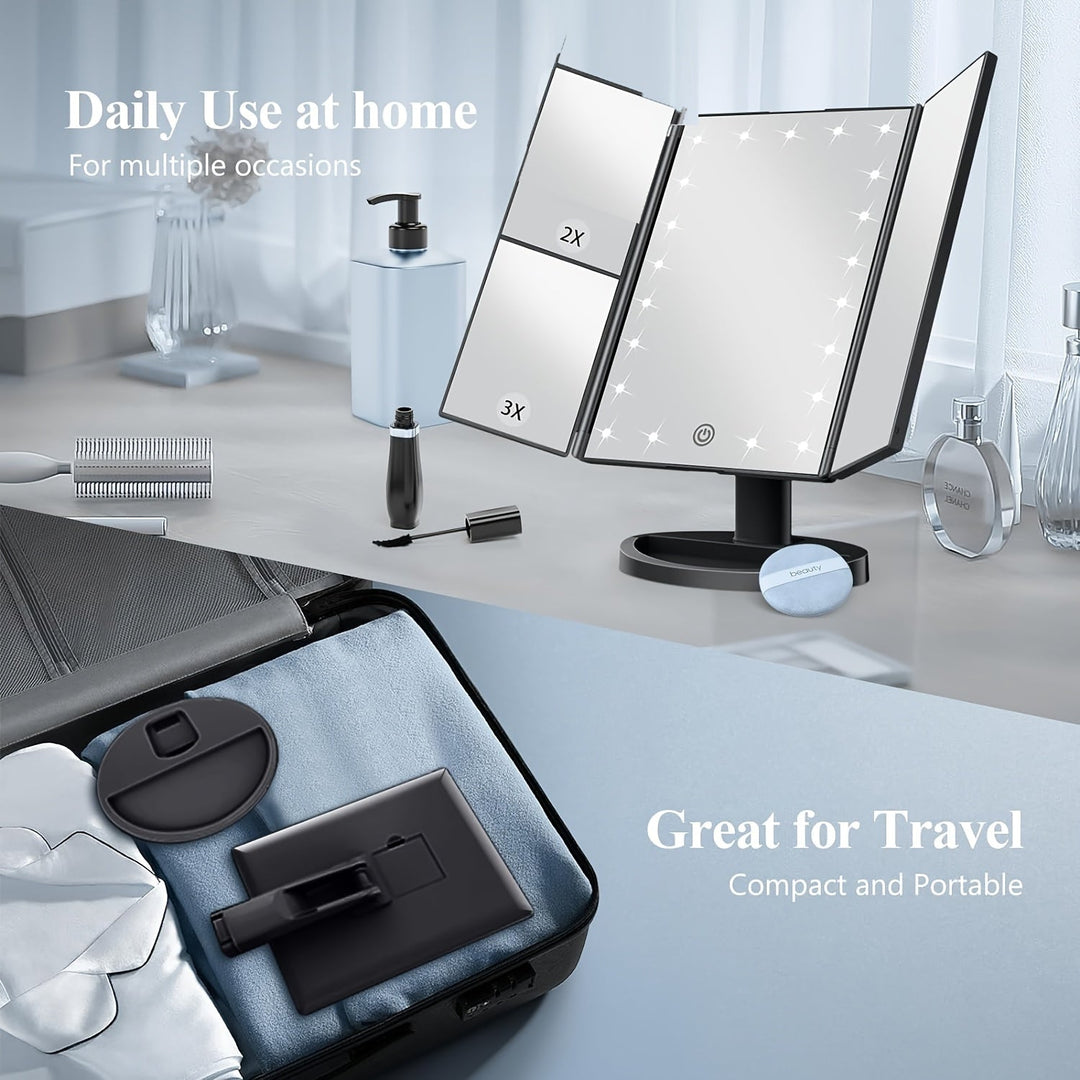 GlowMirror – Sammenklappeligt LED Makeup Spejl med 3x/2x Forstørrelse |