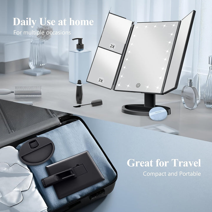 GlowMirror – Sammenklappeligt LED Makeup Spejl med 3x/2x Forstørrelse |