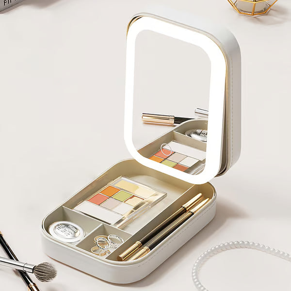 Bærbar Makeup Organizer — Kompakt LED Spejl med Justerbart Lys