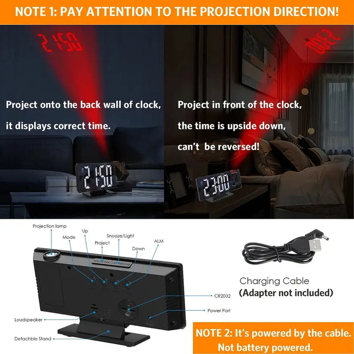 180° Justerbar LED Projektions Vækkeur – Snooze, 12/24T Tid &amp; Temperatur Display, Spejl Design – USB Drevet, Nattelys &amp; Hukommelsesfunktion