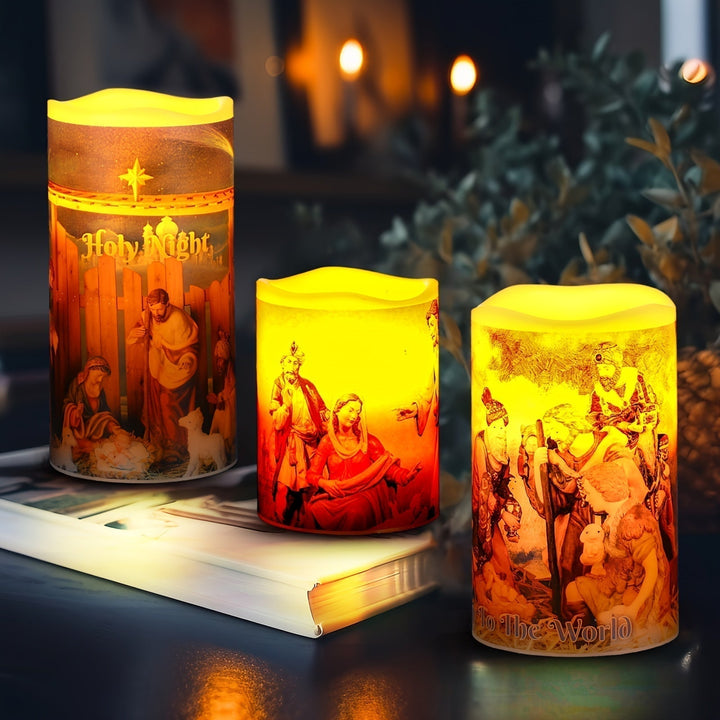Flameless LED Julelys – 3 stk. Batteridrevne Hellig Nat Lys Stearinlys med Timer, Udstyret med Krybbescene for en Varm Julehjemstemning