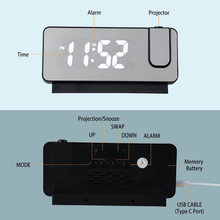 Projektions vækkeur | LED-display med spejloverflade | Dobbeltalarmer &amp; Temperatur | 19 cm