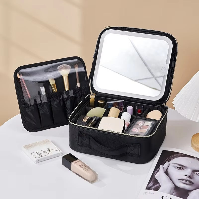 Rejse Makeup Taske med LED Spejl og Rummelig Opbevaring