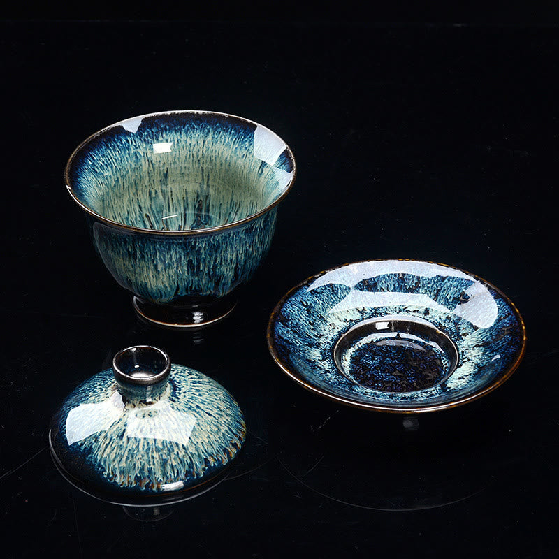 Vintage Keramisk Gaiwan Sancai Te Kop Te Kop og Underkop med Låg