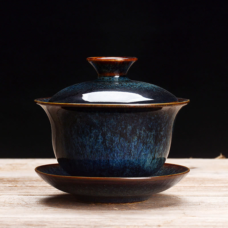 Vintage Keramisk Gaiwan Sancai Te Kop Te Kop og Underkop med Låg