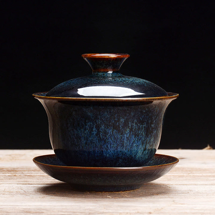 Vintage Keramisk Gaiwan Sancai Te Kop Te Kop og Underkop med Låg