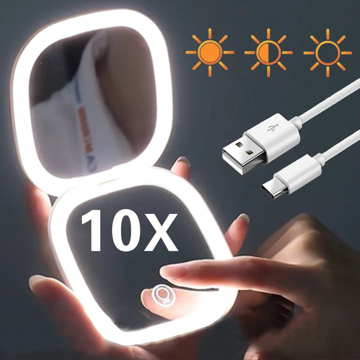 Mini LED 10x Forstørrelsesspejl med Forskellige Lysindstillinger, USB Genopladelig