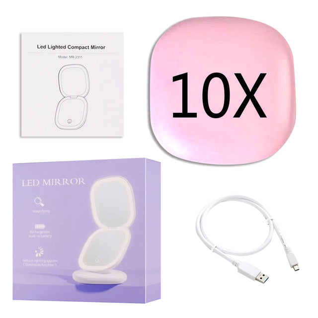 Mini LED 10x Forstørrelsesspejl med Forskellige Lysindstillinger, USB Genopladelig