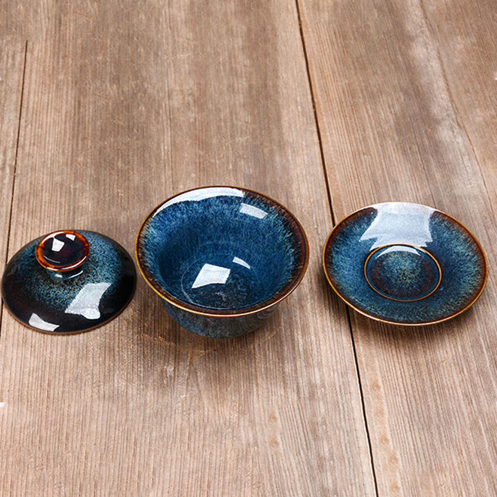 Vintage Keramisk Gaiwan Sancai Te Kop Te Kop og Underkop med Låg