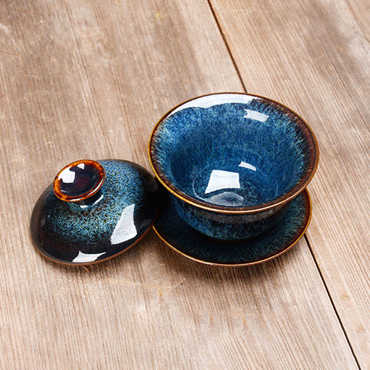 Vintage Keramisk Gaiwan Sancai Te Kop Te Kop og Underkop med Låg