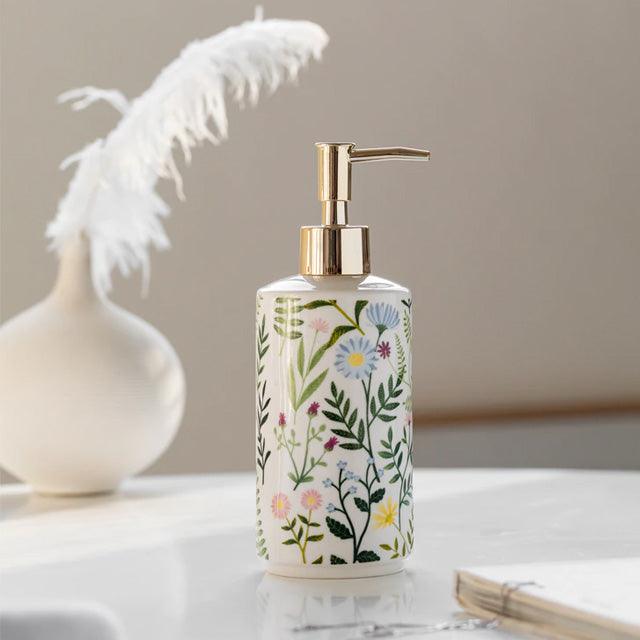 Sæbe dispenser lavet af keramik med blomsterdesign