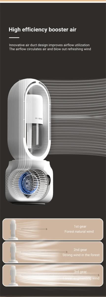 Bærbar bladløs ventilator med luftfugter og natlys for forfriskende komfort