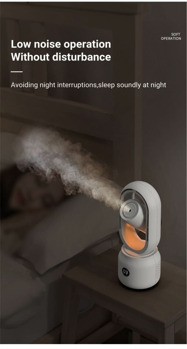 Bærbar bladløs ventilator med luftfugter og natlys for forfriskende komfort