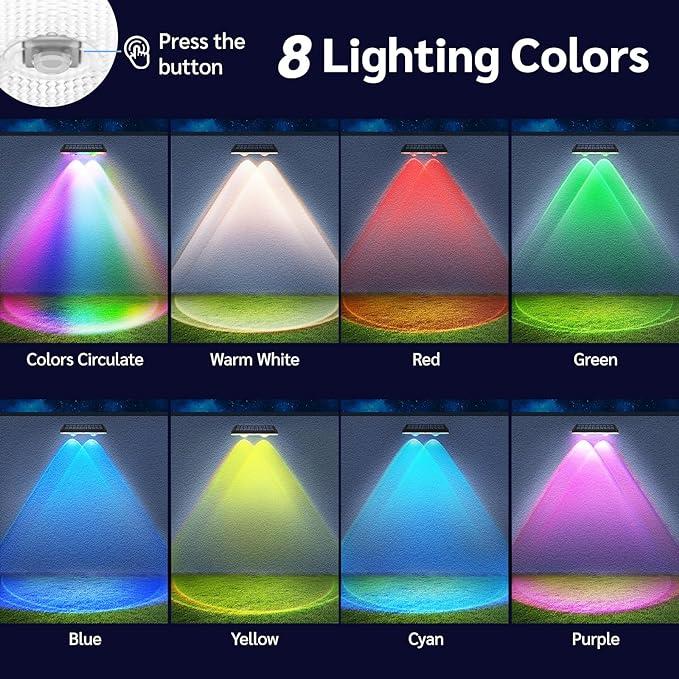 Solhegn lys udendørs varm hvid &amp; RGB skiftende sol dæk lys, LED sollys til udendørs væg rækværk terrasse trapper trin have baghave