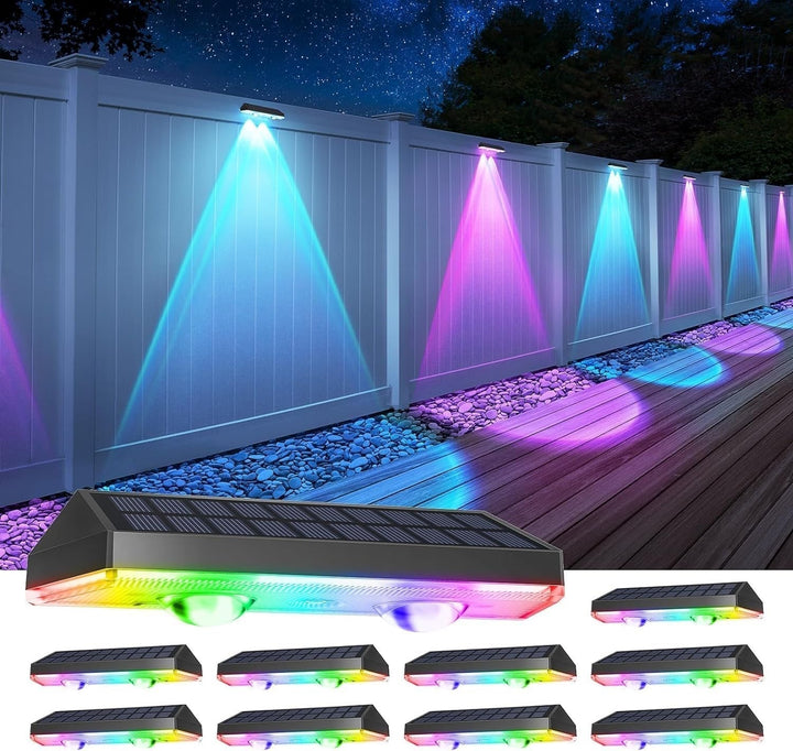 Solhegn lys udendørs varm hvid &amp; RGB skiftende sol dæk lys, LED sollys til udendørs væg rækværk terrasse trapper trin have baghave