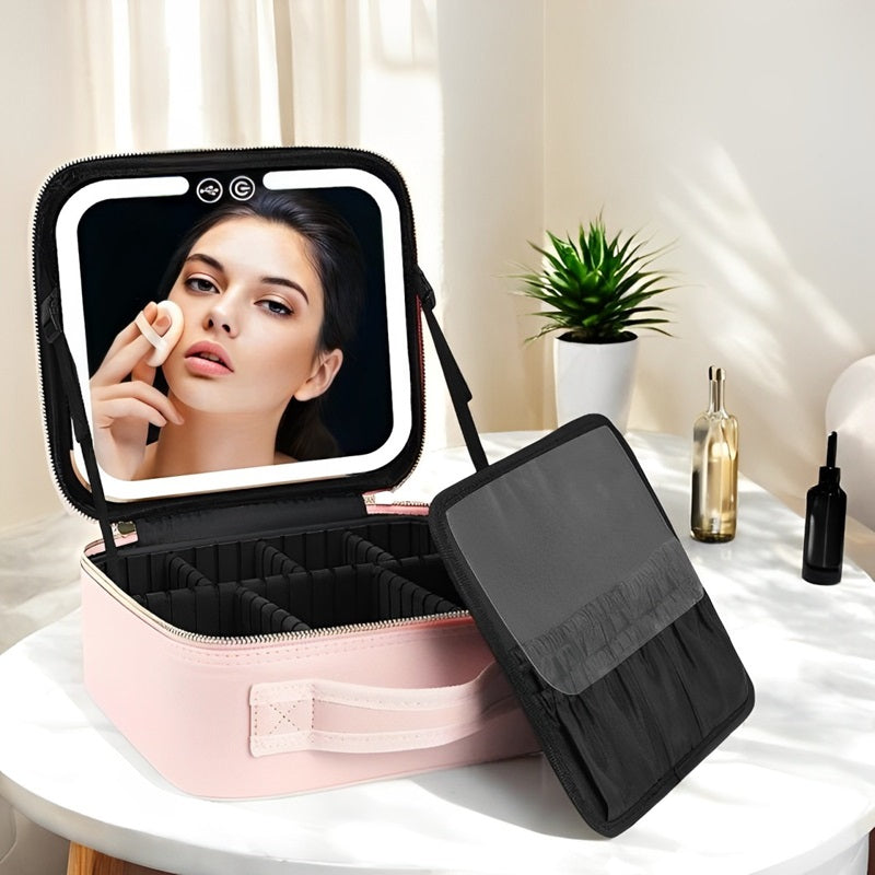 Rejse Makeup Taske med LED Spejl og Rummelig Opbevaring