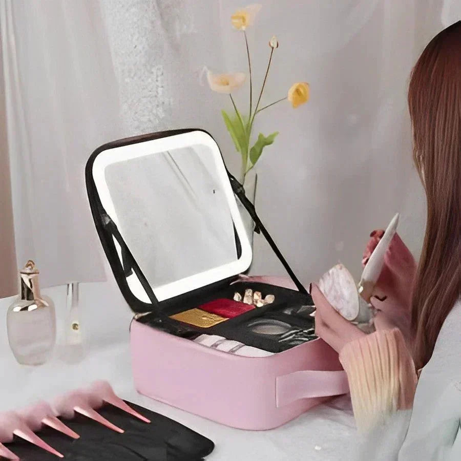 MirrorGlam LED Make-up Taske – Bærbar Kosmetik Case med Justerbart Lys &amp; Organizer Løkker