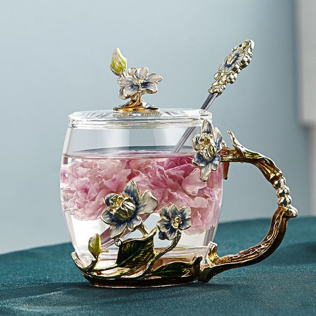 Håndlavet emalje blomster glas krus til par kærlighedsgave, kan servere kaffe, smagsfuld te eller endda citronsaft i