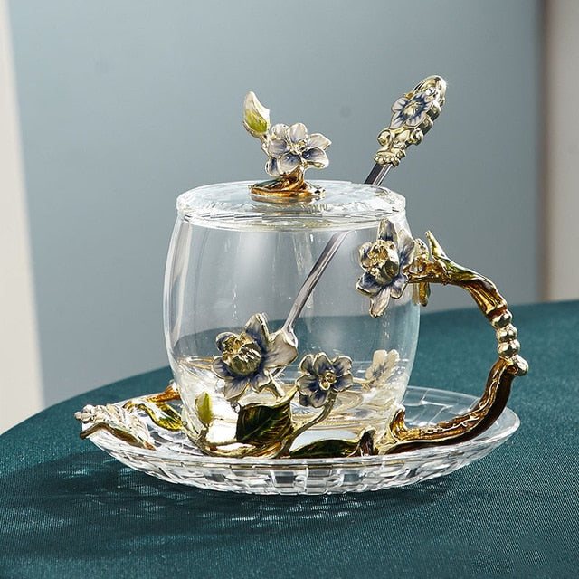Håndlavet emalje blomster glas krus til par kærlighedsgave, kan servere kaffe, smagsfuld te eller endda citronsaft i