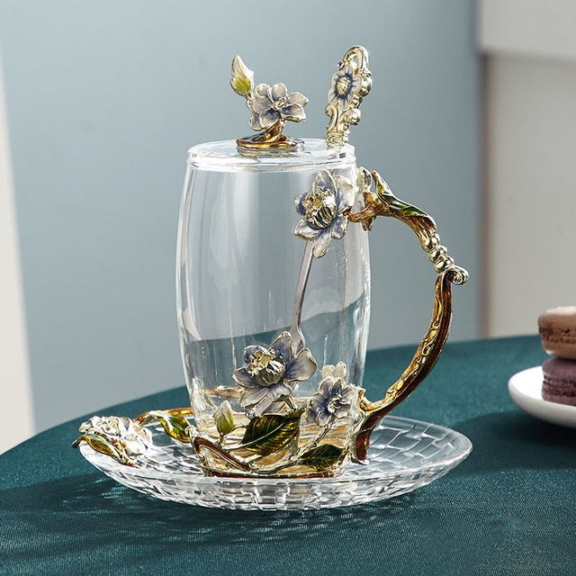 Håndlavet emalje blomster glas krus til par kærlighedsgave, kan servere kaffe, smagsfuld te eller endda citronsaft i