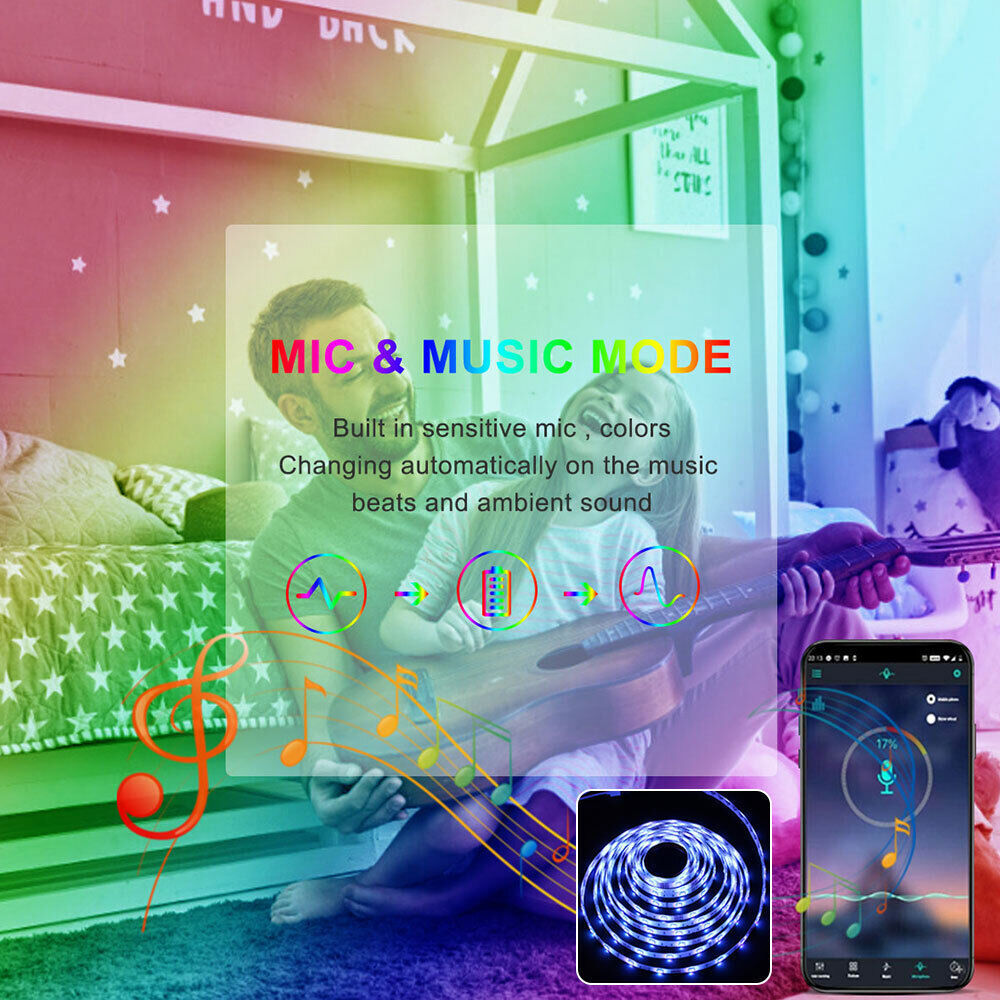 LED Lysstribe, 30 m, 15 m, Musik Synkronisering, Bluetooth, 5050, RGB Ambient Lys med Fjernbetjening
