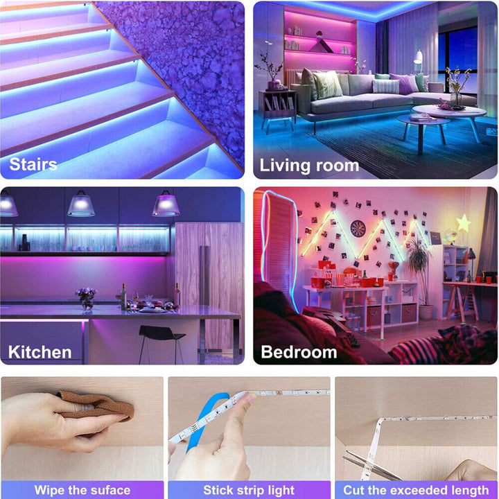 LED Lysstribe, 30 m, 15 m, Musik Synkronisering, Bluetooth, 5050, RGB Ambient Lys med Fjernbetjening