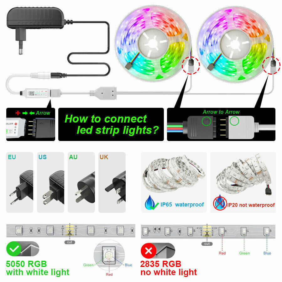 LED Lysstribe, 30 m, 15 m, Musik Synkronisering, Bluetooth, 5050, RGB Ambient Lys med Fjernbetjening