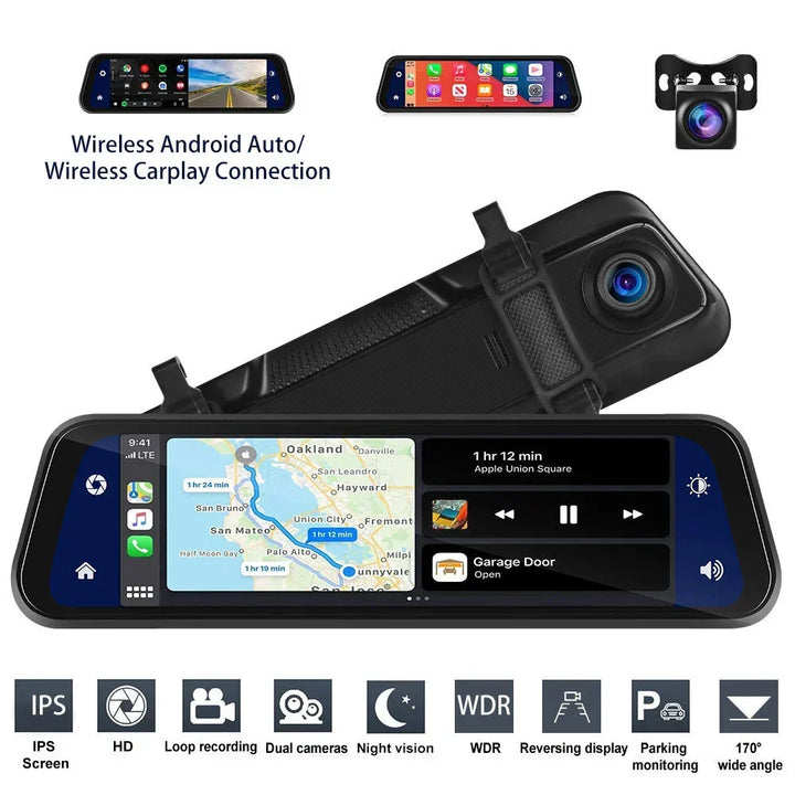 Bakspejl Dash Cam 4K Front &amp; Bag | CarPlay &amp; Smart Køreassistent