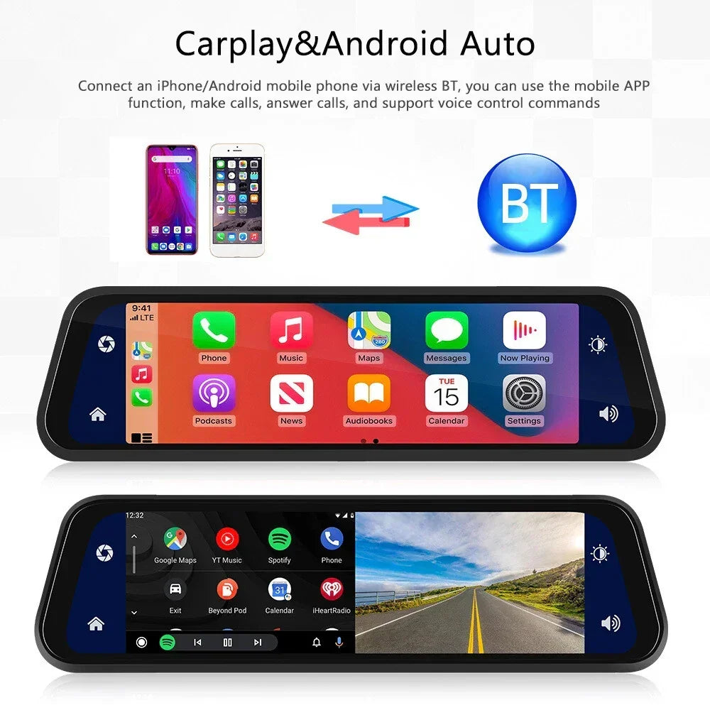 Bakspejl Dash Cam 4K Front &amp; Bag | CarPlay &amp; Smart Køreassistent