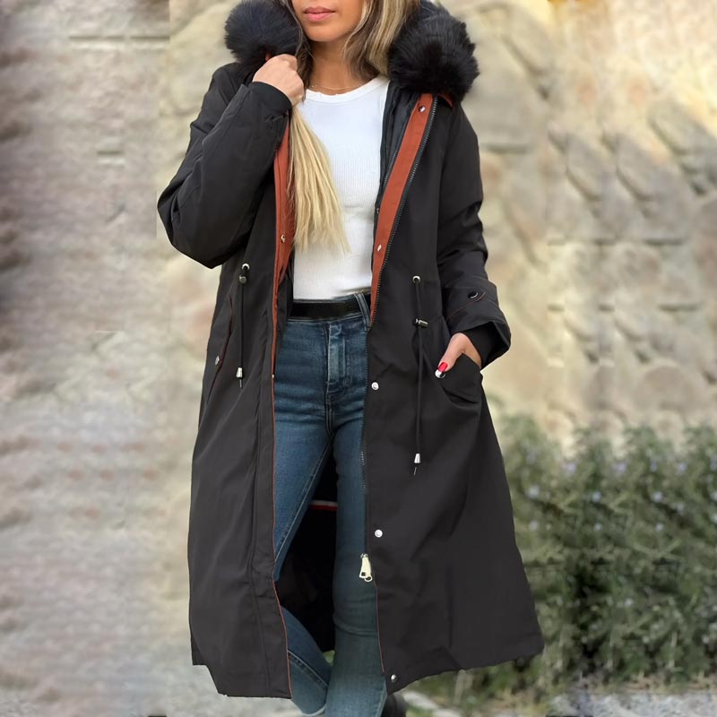 Vinterjakke med hætte og pelskrave, casual parka til kvinder