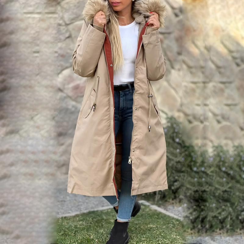 Vinterjakke med hætte og pelskrave, casual parka til kvinder