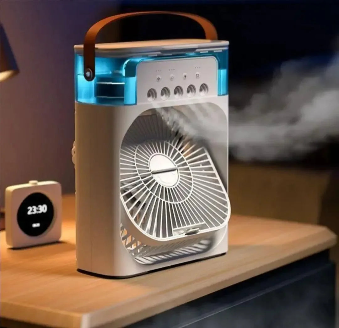 3-i-1 Bærbar Luftkøler med LED-lys – USB-drevet Skrivebordsventilator, Luftfugter &amp; Nattelys |