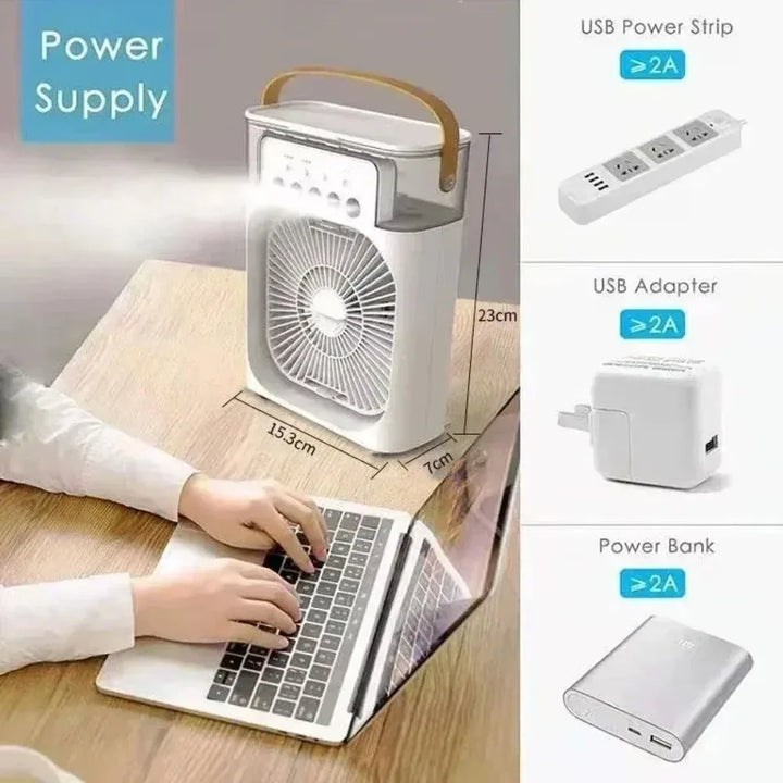 3-i-1 Bærbar Luftkøler med LED-lys – USB-drevet Skrivebordsventilator, Luftfugter &amp; Nattelys |