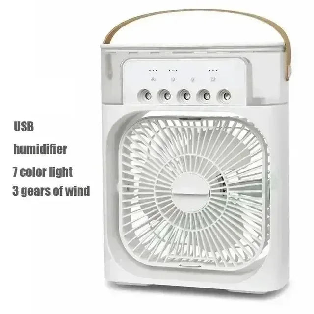 3-i-1 Bærbar Luftkøler med LED-lys – USB-drevet Skrivebordsventilator, Luftfugter &amp; Nattelys |