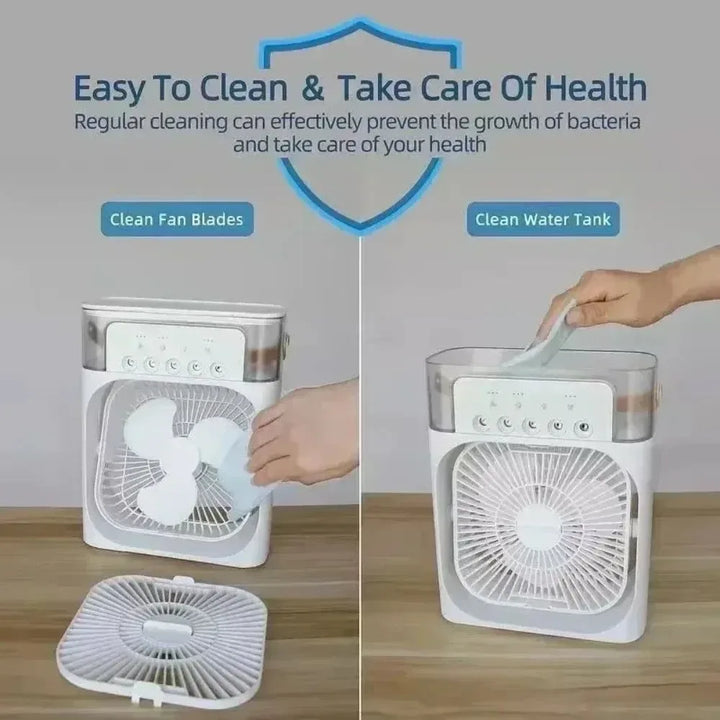 3-i-1 Bærbar Luftkøler med LED-lys – USB-drevet Skrivebordsventilator, Luftfugter &amp; Nattelys |