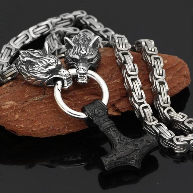 60–90 cm Rustfrit Stål Dobbelt Ulvehoved &amp; Mjolnir Overlevelsesånd Halskæde/Armbånd